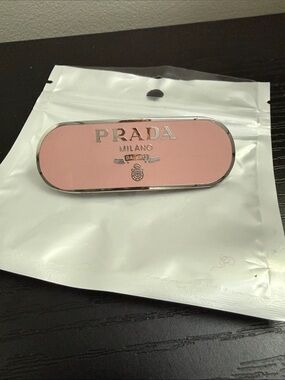 Prada Pink Enamel Logo Pin with Silver Trim